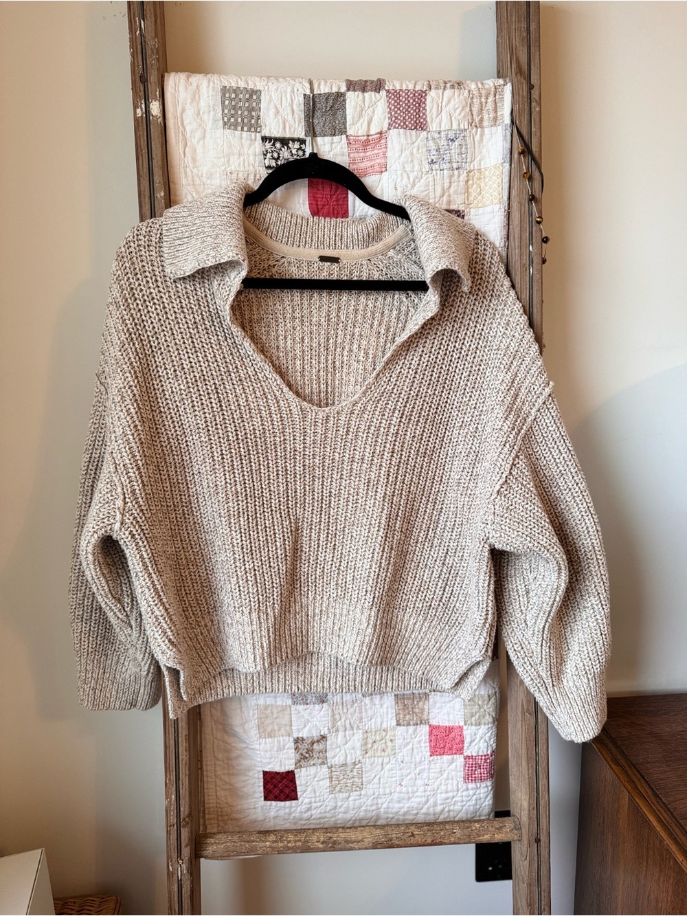 Free People Neutral Beige V-Neck Collared Knit Sweater